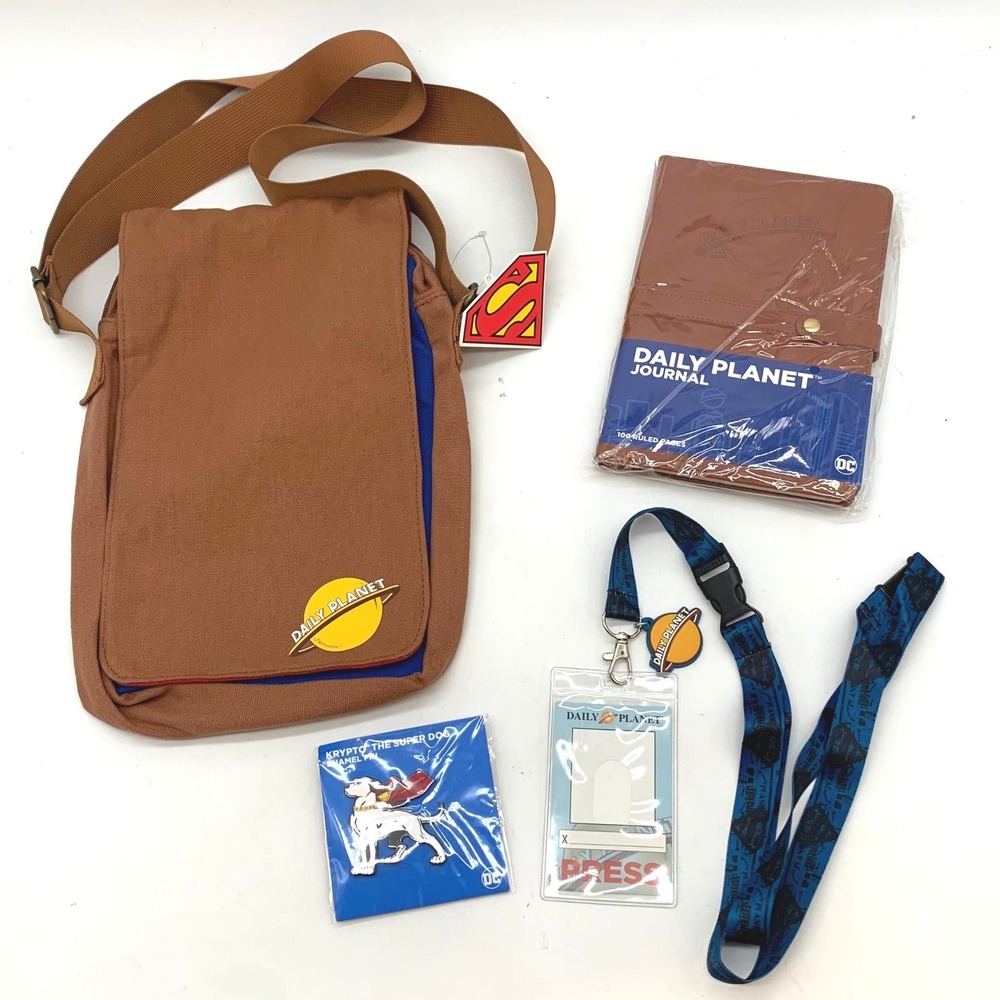 DC Comics Superman Daily Planet Messenger Bag Journal Lanyard Pin Cosplay Bundle
